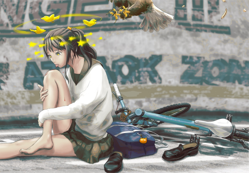 barefoot bicycle bird blood cardigan dirty_feet eagle feathers ground_vehicle injury licking md5_mismatch no_socks original pandarou pleated_skirt ponytail school_uniform serafuku shoes_removed skirt star tongue