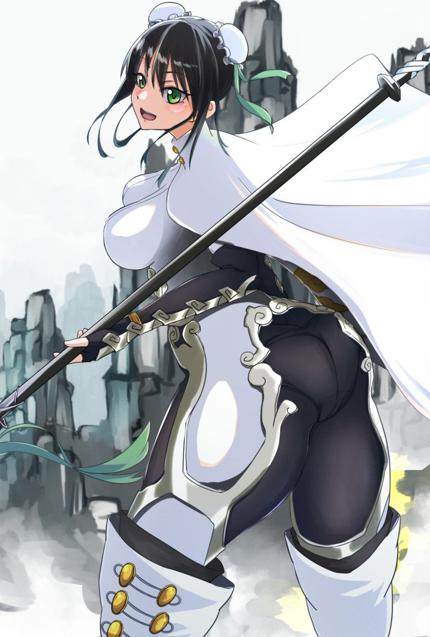 artist_request ass back black_hair bodysuit breasts bun_cover butt_crack chinese_clothes double_bun fate/grand_order fate_(series) fingerless_gloves gloves green_eyes highres huge_breasts looking_at_viewer ninja open_mouth pants pantylines polearm qin_liangyu_(fate) sideboob smile solo spear standing tight tight_pants weapon