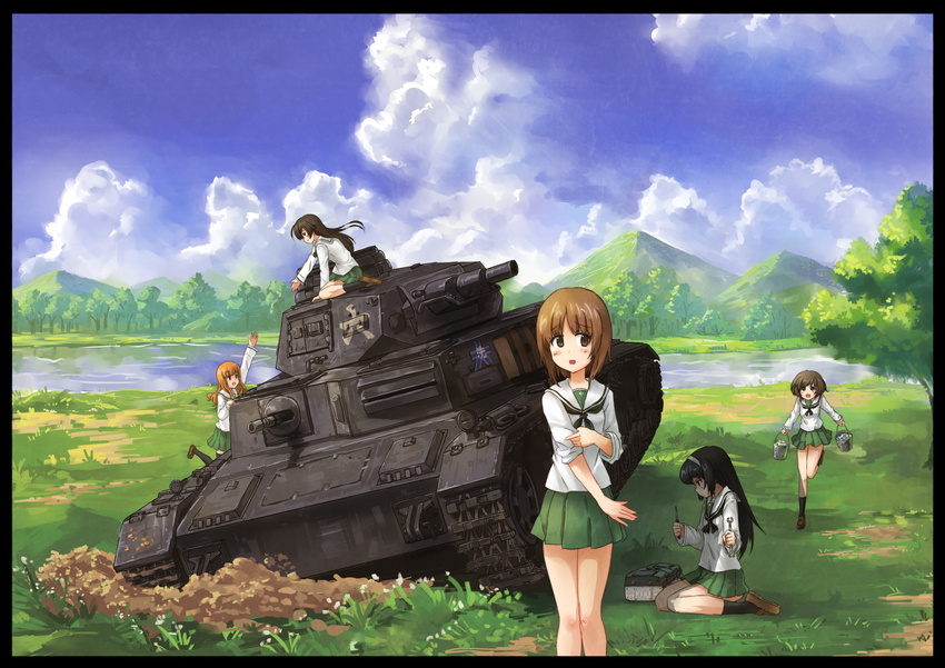 :d :o absurdres akiyama_yukari arm_up bangs black_border black_hair black_legwear blouse blush border brown_eyes brown_footwear brown_hair bucket caterpillar_tracks cloud cloudy_sky day emblem girls_und_panzer grass green_skirt ground_vehicle hairband highres holding isuzu_hana leg_up loafers long_hair long_sleeves looking_at_viewer military military_vehicle miniskirt motor_vehicle mountain multiple_girls neckerchief nishizumi_miho ooarai_(emblem) ooarai_school_uniform open_mouth orange_hair outdoors panzerkampfwagen_iv pleated_skirt reizei_mako running school_uniform screwdriver serafuku shoes short_hair sitting skirt sky sleeves_rolled_up smile socks standing takebe_saori tank toolbox tree wariza white_blouse wrench yinzhai