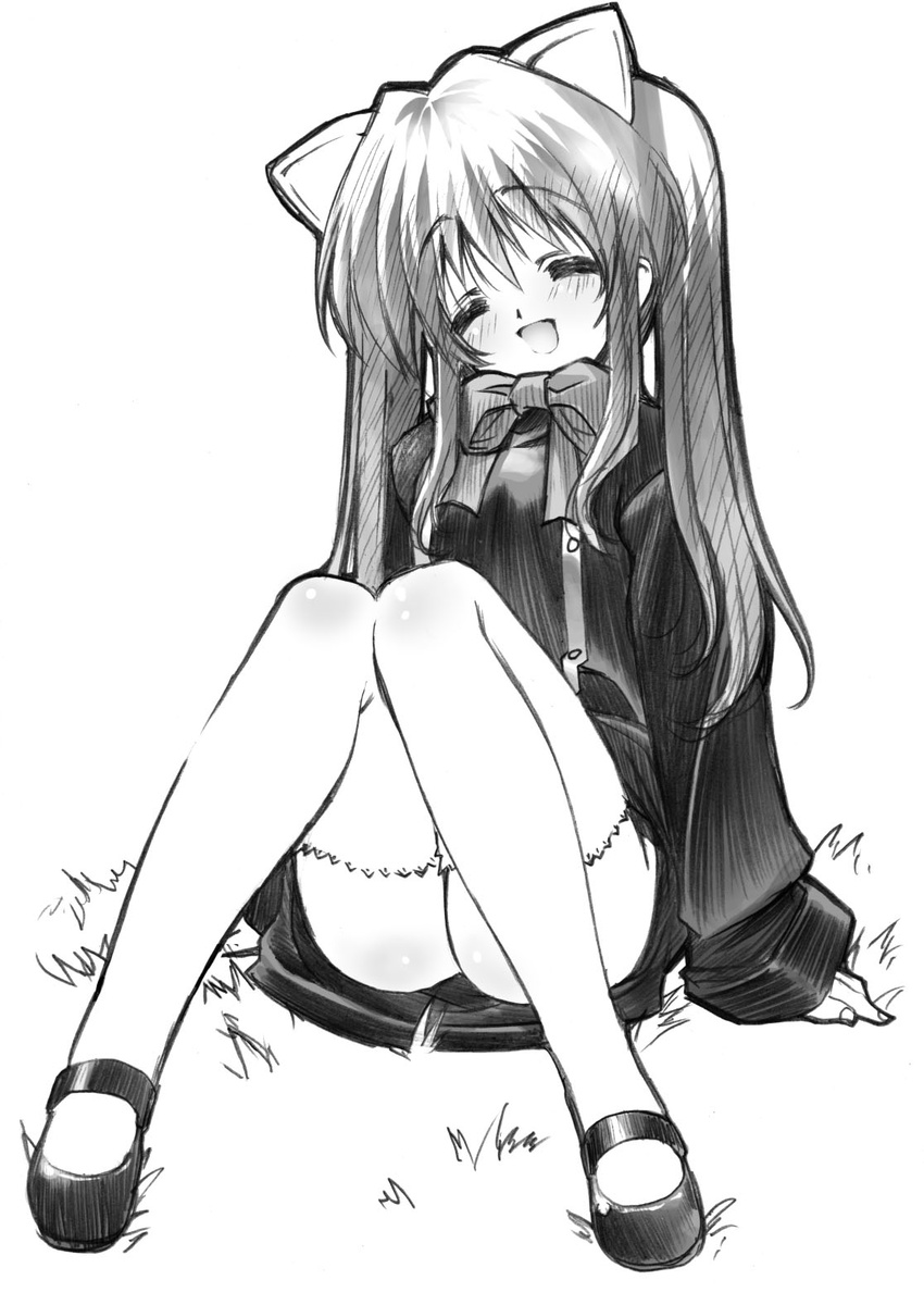 aloe_(quiz_magic_academy) animal_ears blush greyscale highres knees_together_feet_apart long_hair monochrome open_mouth quiz_magic_academy senomoto_hisashi sitting smile solo thighhighs