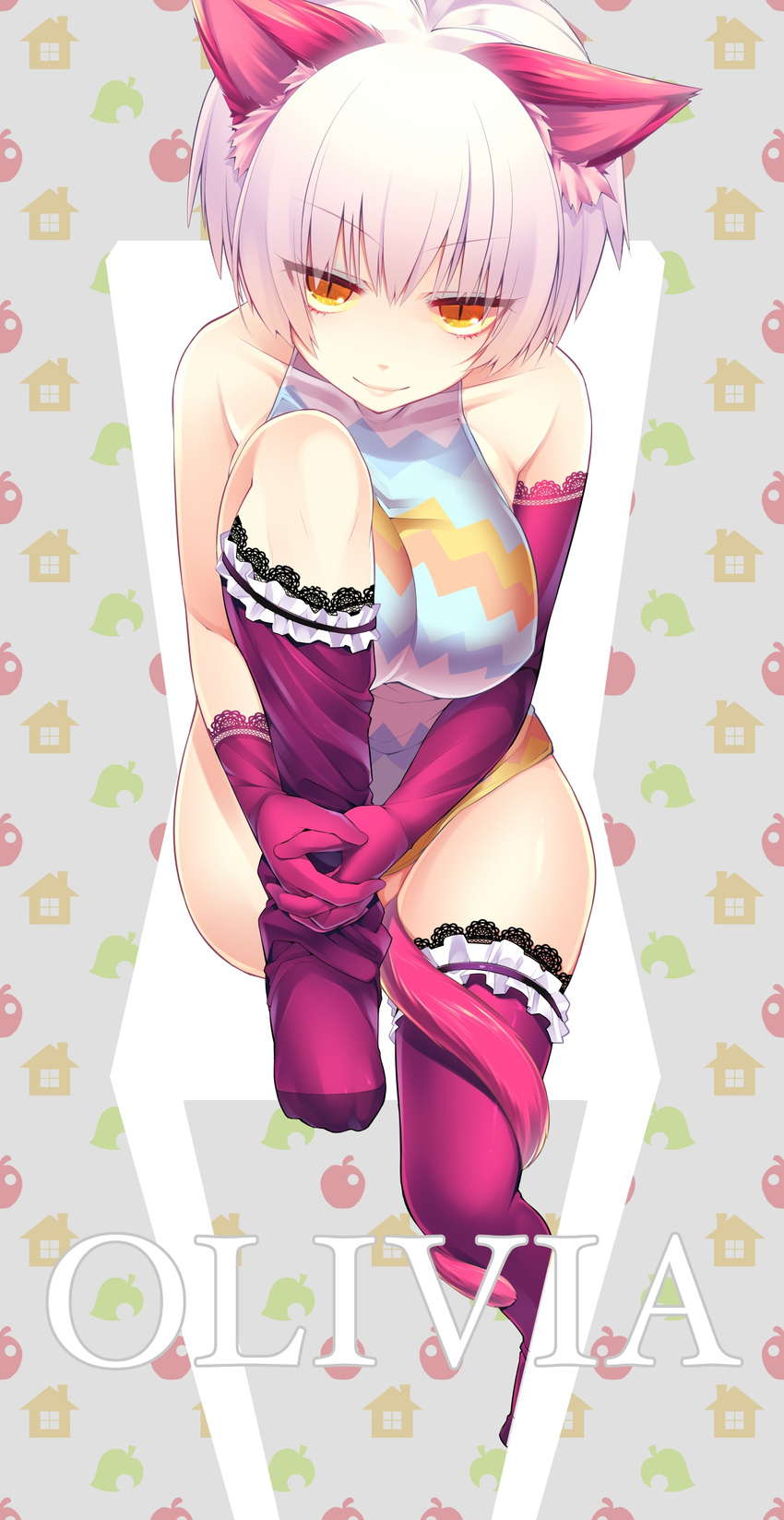 absurdres animal_ears bad_id bad_pixiv_id breasts cat_ears cat_tail chair character_name doubutsu_no_mori elbow_gloves giuniu gloves highres humanization knee_up lace large_breasts leg_hug olivia_(animal_crossing) personification purple_legwear short_hair silver_hair sitting slit_pupils smile solo tail thighhighs yellow_eyes