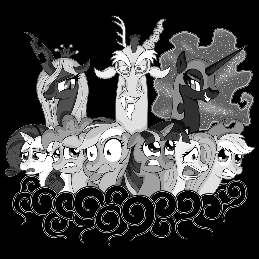 antler antlers applejack_(mlp) armor black_and_white changeling discord_(mlp) draconequus equine fangs female feral fluttershy_(mlp) friendship_is_magic greyscale grin group hair havikm66 helmet horn horse long_hair male mammal monochrome my_little_pony nightmare_moon_(mlp) open_mouth pegasus pinkie_pie_(mlp) plain_background pony queen_chrysalis_(mlp) rainbow_dash_(mlp) rarity_(mlp) teeth twilight_sparkle_(mlp) unicorn wings