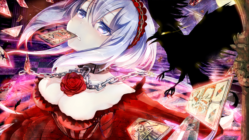 aoki_lapis bird blue_eyes blue_hair breasts card chain cleavage collar crow dress frills hairband keepout medium_breasts mouth_hold red_dress short_hair solo tarot vocaloid