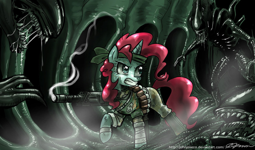 alien alien_(franchise) clothing drooling equine female group gun horn horse imminent_death john_joseco looking_back mammal my_little_pony open_mouth pinkie_hair pony ranged_weapon saliva smoke teeth unicorn weapon xenomorph