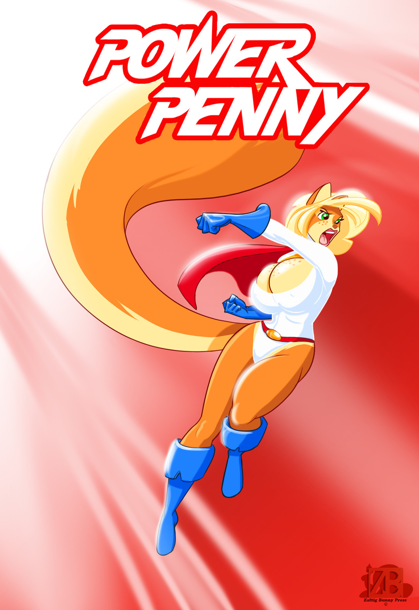 belt big_breasts big_tail blonde_hair boob_window boots breasts brown_nose cleavage clothed clothing cosplay female fluffy_tail freckles fur gloves green_eyes hair lips mammal orange_fur penny_flynn power_girl rodent short_hair simple_background solo squirrel supergirl thighs tight_clothing yellow_fur zaftigbunnypress