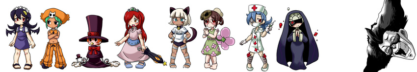 age_regression alessi animal_ears annoyed aruse_yuushi avery_(skullgirls) bad_feet bangs bell bell_collar black_eyes black_sclera blue_eyes blue_hair blunt_bangs blush bob_cut bow brown_hair buruma cat_ears cat_tail cerebella_(skullgirls) child claws collar double_(skullgirls) dress egg eyepatch eyeshadow filia_(skullgirls) gloves gym_uniform hands_together hat highres jojo_no_kimyou_na_bouken krieg_(skullgirls) lineup long_image makeup mary_janes mask mask_removed mechanical_arms midriff ms._fortune_(skullgirls) multiple_girls nun one-eyed oversized_clothes pacifier painwheel_(skullgirls) pants parasoul_(skullgirls) peacock_(skullgirls) puffy_sleeves red_eyes samson_(skullgirls) shaded_face shoes simple_background skullgirls sleeveless standing surgical_mask symbol-shaped_pupils syringe tail tiara top_hat valentine_(skullgirls) vice-versa_(skullgirls) white_background white_gloves white_hair wide_image younger