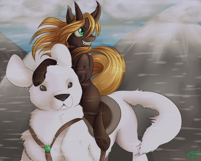 anthro blonde_hair changeling duo equine feral friendship_is_magic fur green_eyes hair horn male mammal my_little_pony original_character outside riding saddle signature spittfire white_fur