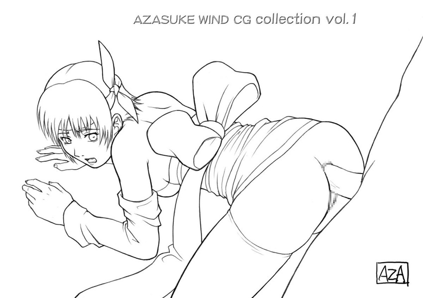 1boy 1girl anal ass ayane ayane_(doa) azasuke bent_over censored dead_or_alive kunoichi looking_back monochrome ninja penis ribbon short_hair sketch surprised tecmo