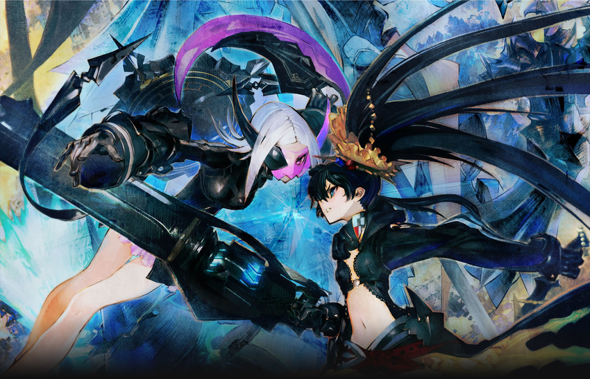 black_hair black_rock_shooter black_rock_shooter_(character) black_rock_shooter_arcana blue_eyes crown farside_bunny highres long_hair official_art taiki_(luster) twintails weapon white_hair