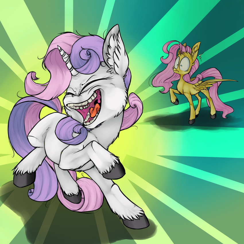 8-xenon-8 cub duo equine eyes_closed female feral fluttershy_(mlp) friendship_is_magic fur hair hi_res hooves horn horse mammal my_little_pony open_mouth pegasus pink_hair pony purple_hair reaction reaction_image shock shocked simple_background sweetie_belle_(mlp) tongue two_tone_hair unicorn white_fur wings yellow_fur young