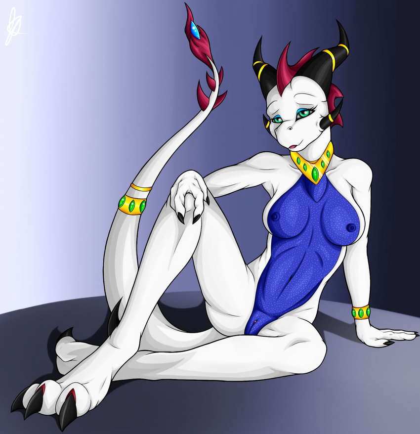 anthro breasts claws digitigrade dragon female green_eyes hindpaw horn jewelry kurtassclear looking_at_viewer nude paws pinup pose pussy sitting solo spread_legs spreading toes white_body