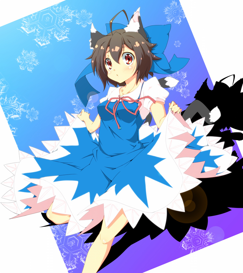 ahoge animal_ears blue_dress bow brown_eyes brown_hair cat_ears cat_tail chen cirno cirno_(cosplay) cosplay dress dress_lift hair_bow haruyonoto highres puffy_sleeves shirt short_hair short_sleeves solo tail touhou