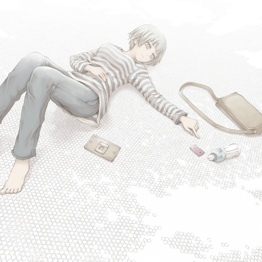 bag barefoot bottle breasts bubble_wrap cellphone denim grey_eyes grey_hair highres jeans lying medium_breasts on_back original pants phone shirt short_hair shoulder_bag solo striped striped_shirt yajirushi_(chanoma)