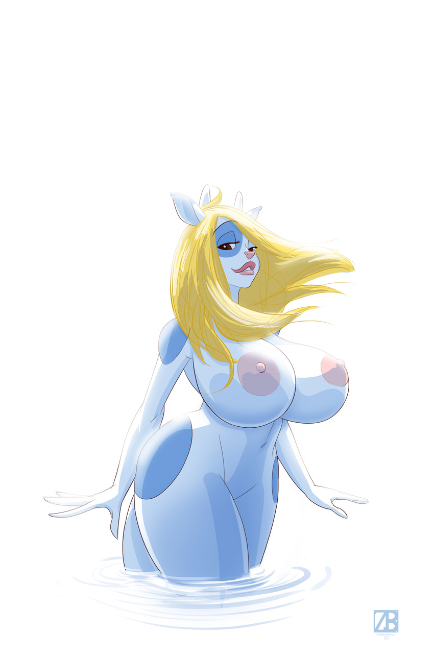 big_breasts big_nipples blonde_hair blue_fur bovine breasts brown_eyes cattle female fur hair hi_res horn huge_breasts lips long_hair mammal navel nipples nude pink_nose plain_background smile solo spots thick_thighs thighs voluptuous water white_background white_fur wide_hips zaftigbunnypress