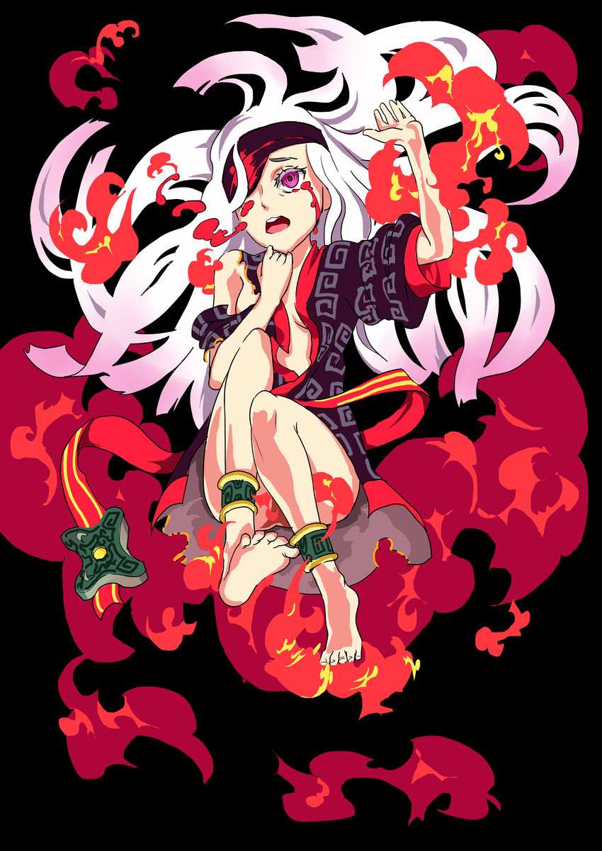 absurdres anklet barefoot black_background blood bloody_tears breasts copyright_request eyepatch fire floating_hair full_body highres jewelry jing_mian_tu long_hair medium_breasts one_eye_covered open_clothes open_mouth pink_eyes robe sash simple_background solo thighs torn_clothes very_long_hair wavy_mouth white_hair