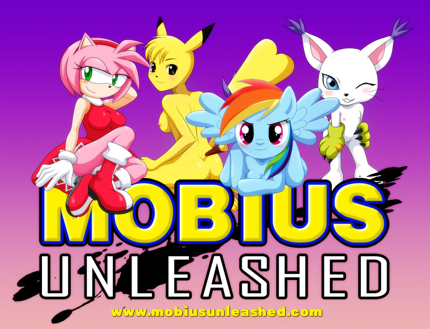 amy_rose anthro anthrofied bbmbbf blonde_hair blue_eyes breasts butt cat cleavage clothed clothing digimon dress english_text equine feline female friendship_is_magic gatomon green_eyes hair hedgehog horse looking_at_viewer mammal mouse multi-colored_hair my_little_pony nintendo nipples palcomix pegasus pikachu pink_eyes pink_hair pok&#233;mon pok&eacute;mon pony rainbow_dash_(mlp) rainbow_hair rodent sega smile sonic_(series) text video_games wings