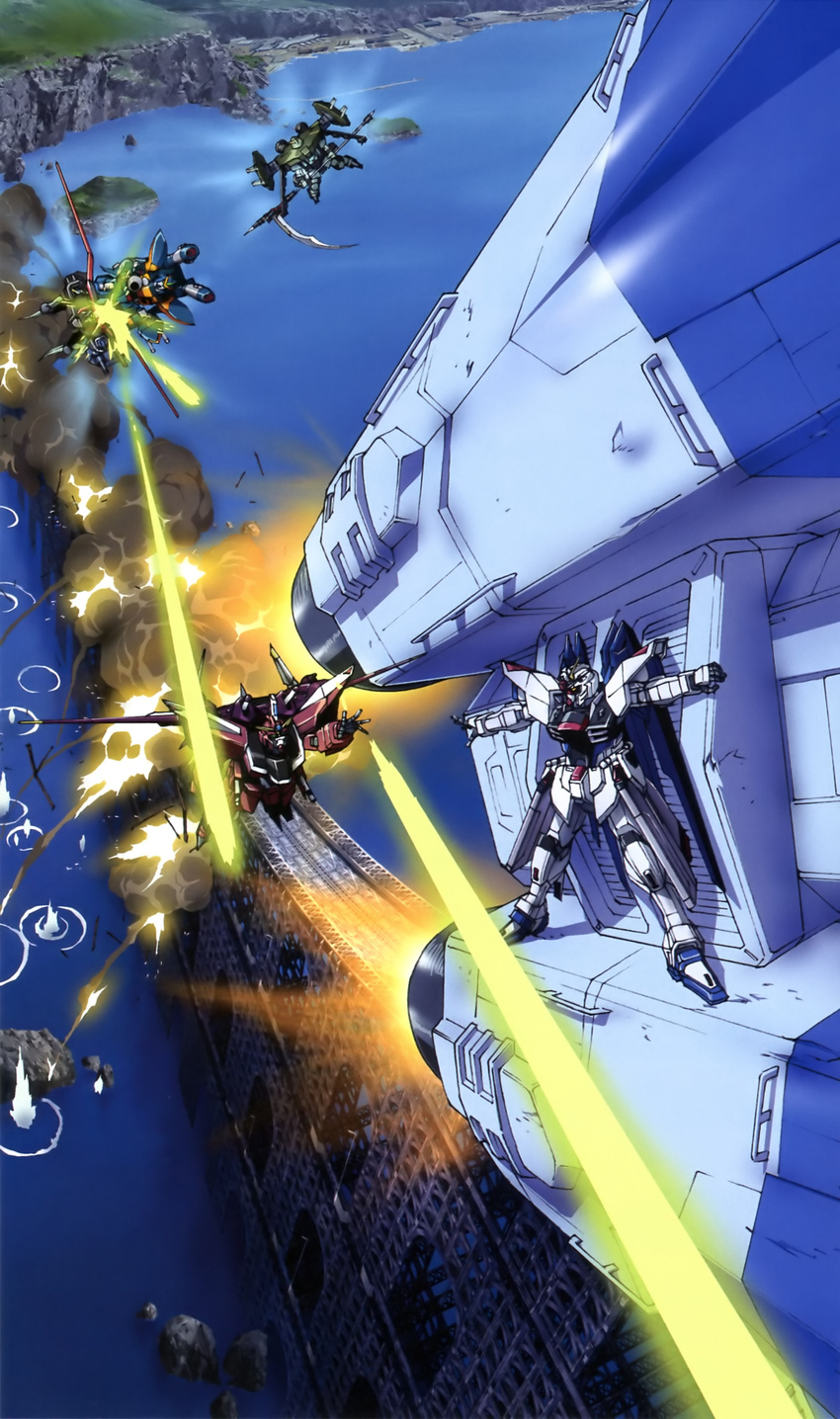 artist_request battle calamity_gundam forbidden_gundam freedom_gundam gundam gundam_seed highres justice_gundam mecha no_humans official_art raider_gundam space_craft