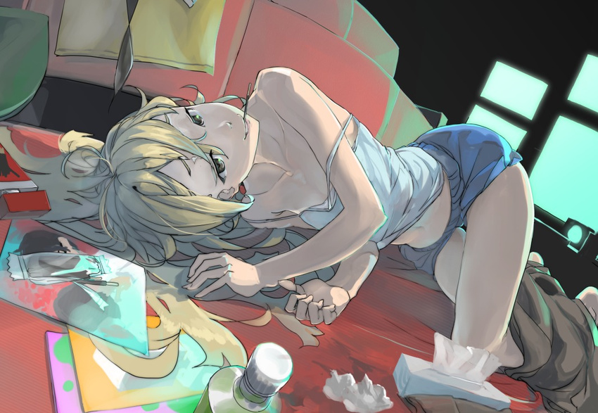 blonde_hair box brown_eyes camisole collarbone food head_tilt koujiro_frau long_hair lying navel on_side paper parted_lips pocky robotics;notes short_shorts shorts smile solo strap_slip tagaya6592 tissue_box yellow_eyes