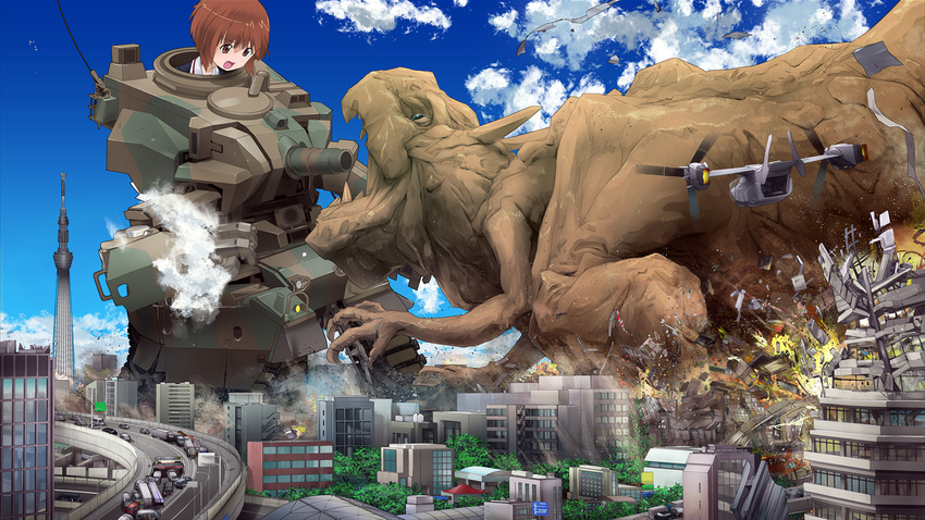 aircraft airplane asibez bangs brown_eyes brown_hair car_crash cityscape cloud commentary_request day destruction explosion giantess girls_und_panzer ground_vehicle highres mecha mecha_musume military monster motor_vehicle nishizumi_miho school_uniform short_hair sky tiltrotor tokyo_sky_tree truck type_10_(tank)_(personification)