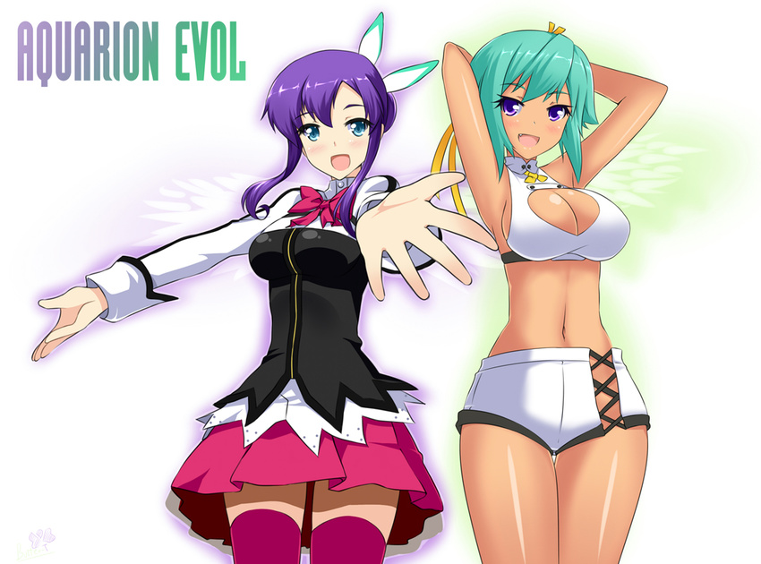 :d aquarion_(series) aquarion_evol blue_eyes blush breasts butter-t cleavage cleavage_cutout dark_skin fang green_hair large_breasts long_hair mikono_suzushiro multiple_girls navel open_mouth pink_legwear pleated_skirt purple_eyes purple_hair short_hair skirt smile thigh_gap thighhighs thighs zessica_wong zettai_ryouiki