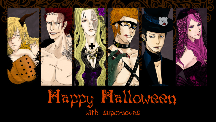 1girl 5boys basil_hawkins black_hair blonde_hair blue_eyes devilwolf_69 domino_mask earrings eustass_captain_kid facial_mark facial_markings hair_over_one_eye halloween horns jewelry jewelry_bonney killer_(one_piece) lipstick long_hair makeup mask monster_boy multiple_boys necklace one_piece orange_hair pink_hair red_eyes red_hair scar supernova tattoo trafalgar_law transformation vampire x_drake