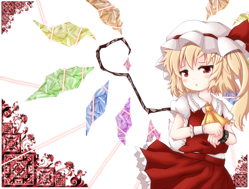 ascot bad_id bad_pixiv_id blonde_hair blush cocozasa cuffs flandre_scarlet hat hat_ribbon highres open_mouth puffy_sleeves red_eyes restrained ribbon shackles shirt short_sleeves side_ponytail skirt skirt_set solo tears touhou vest wings wrist_cuffs