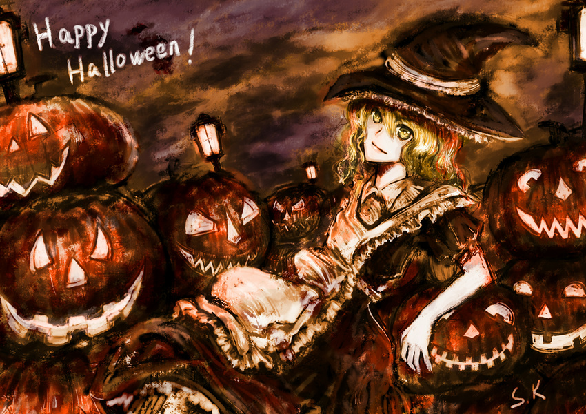 absurdres blonde_hair for_the_flandre halloween hat highres jack-o'-lantern kirisame_marisa long_hair pumpkin solo touhou witch_hat yellow_eyes