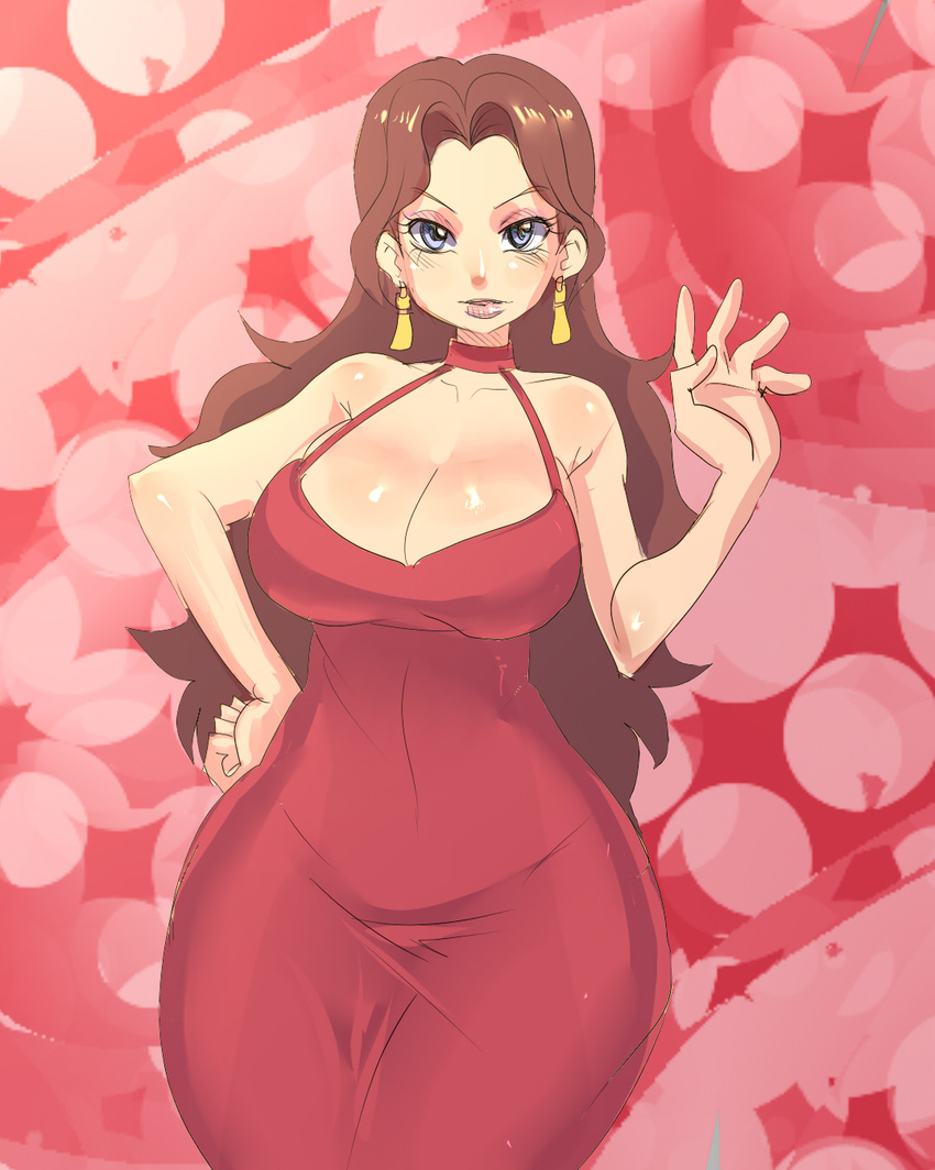 bare_shoulders blue_eyes breasts brown_hair choker curvy donkey_kong_(series) dress earrings hand_on_hip highres huge_breasts jewelry large_breasts lipstick long_hair makeup maniacpaint pauline_(mario) red_dress solo wide_hips