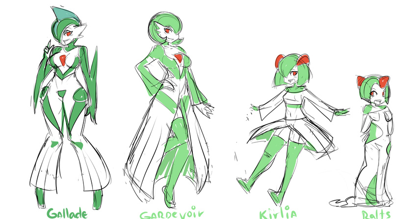 breasts character_name gallade gardevoir gen_3_pokemon gen_4_pokemon genderswap genderswap_(mtf) hair_over_one_eye highres kirlia maniacpaint medium_breasts multiple_girls personification pokemon ralts red_eyes short_hair skirt thighhighs