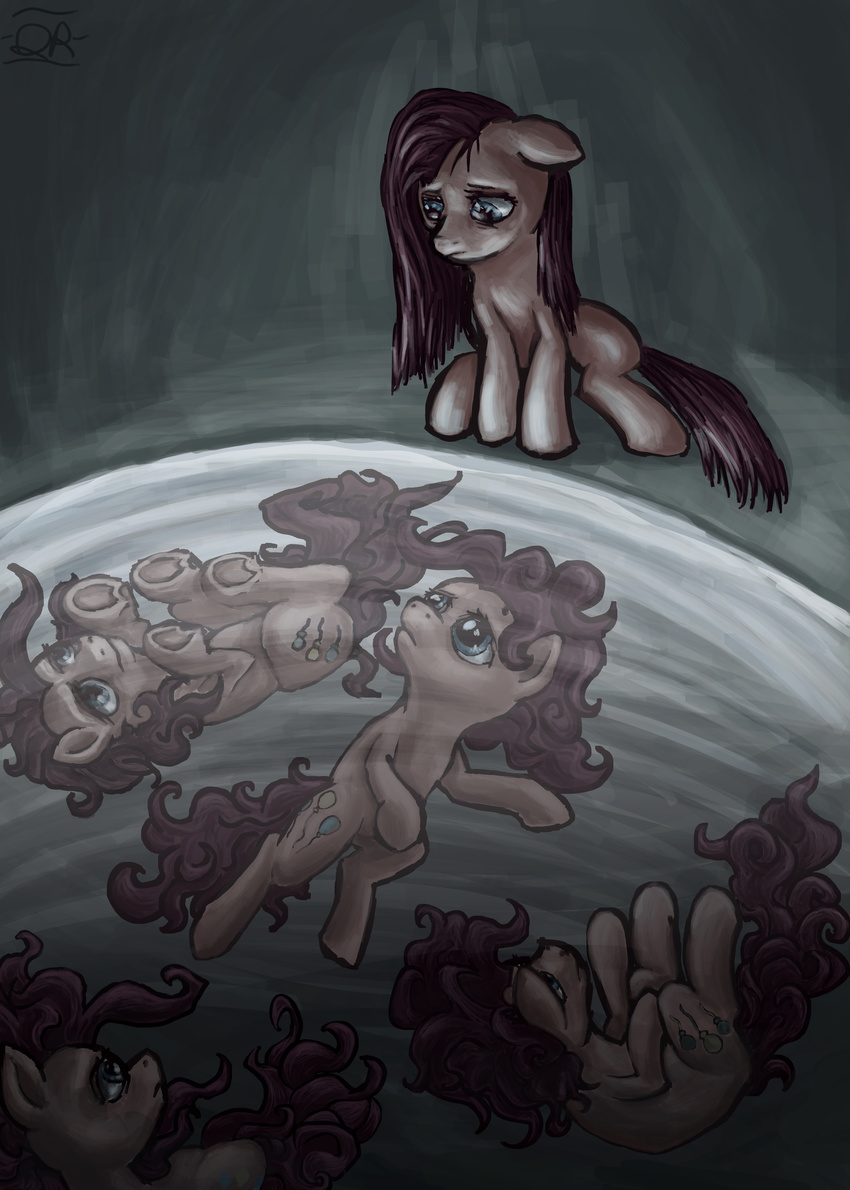blue_eyes cutie_mark equine female feral friendship_is_magic group hair horse mammal my_little_pony pink_hair pinkamena_(mlp) pinkie_pie_(mlp) pony quintessantriver sad signature square_crossover water