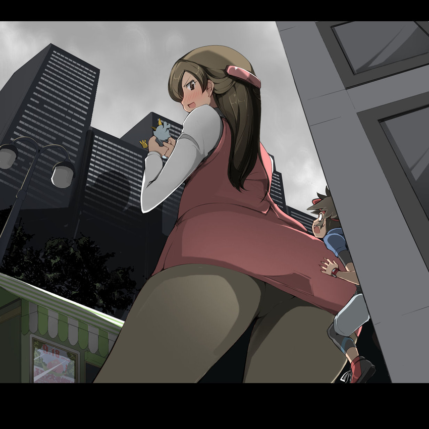 1girl ass ass_grab blush brown_hair clerk_(pokemon) ducklett gen_5_pokemon giantess grey_legwear half_updo highres kyouhei_(pokemon) letterboxed long_hair looking_back md5_mismatch name_john office_lady pantyhose pencil_skirt pokemon pokemon_(creature) pokemon_(game) pokemon_bw2 pokewood skirt uniform upskirt visor_cap