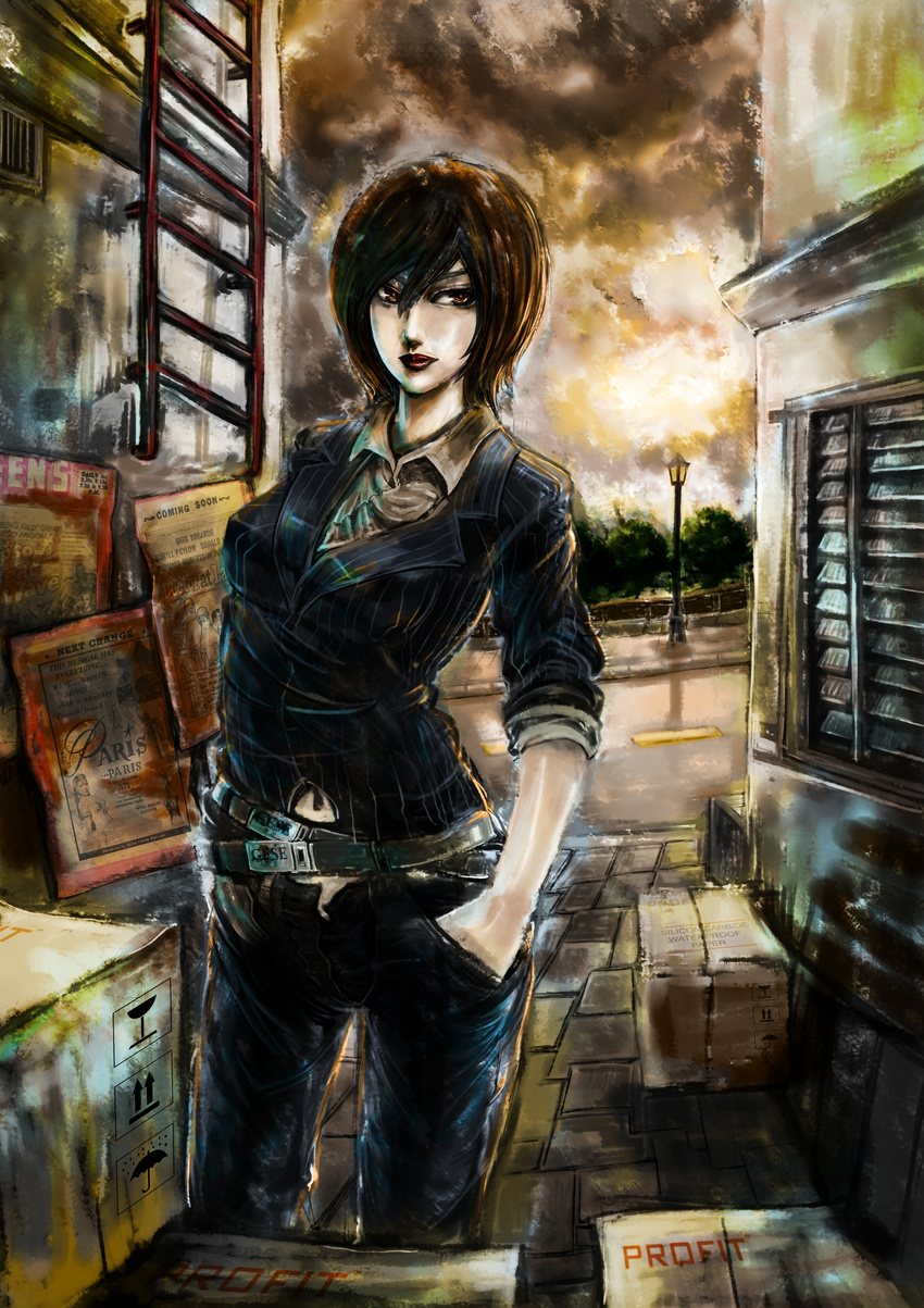 absurdres ada_wong alley bangs belt casual for_the_flandre hands_in_pockets highres multiple_belts resident_evil short_hair sleeves_pushed_up solo sweater