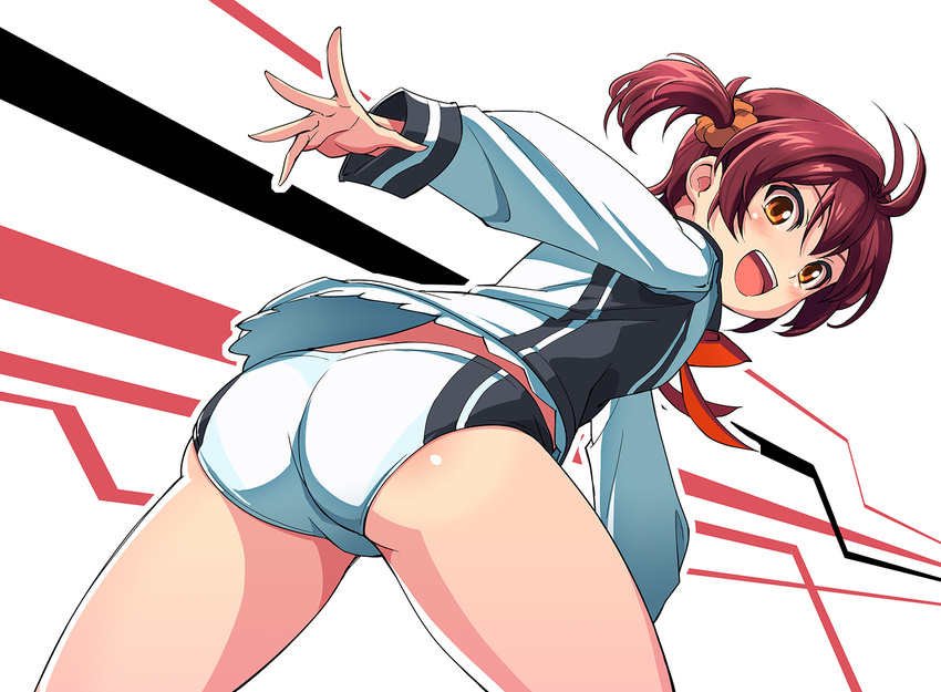 ass blush brown_eyes brown_hair from_behind hair_ornament hair_scrunchie isshiki_akane leaning_forward looking_back michairu national_shin_ooshima_school_uniform open_mouth orange_scrunchie school_uniform scrunchie short_hair short_shorts shorts smile solo twintails vividred_operation