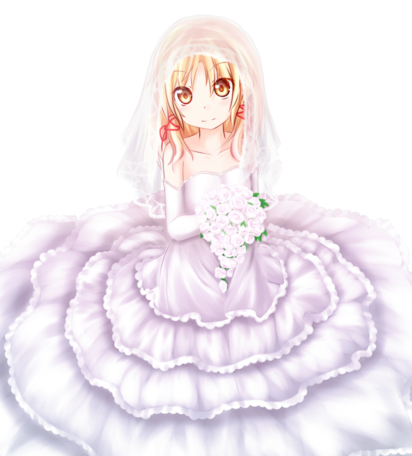 baram blonde_hair bouquet bridal_veil bride collarbone dress elbow_gloves flower gloves hair_ribbon highres long_hair looking_at_viewer moriya_suwako ribbon rose smile solo touhou veil wedding_dress white_dress white_flower white_gloves white_rose yellow_eyes