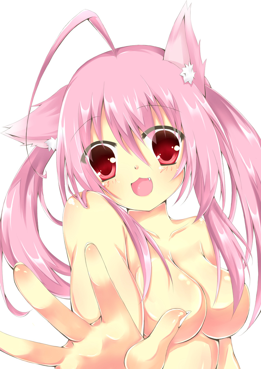 :3 :d absurdres ahoge animal_ears blush breasts cat_ears fang hair_over_breasts highres hinamushi_(shokuyou) large_breasts no_nipples nude open_mouth original pink_hair red_eyes smile solo