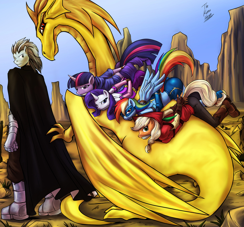 anthrofied applejack_(mlp) armor bdsm blonde_hair bondage bound cloak clothing dakuroihoshi desert dragon elbow_gloves equine female friendship_is_magic gag gloves hair hat horn horse male mammal multi-colored_hair my_little_pony original_character pegasus pony purple_eyes rainbow_dash_(mlp) rainbow_hair rarity_(mlp) red_eyes rope twilight_sparkle_(mlp) unicorn wings