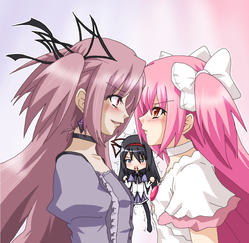 akemi_homura black_hair blood bow dress dual_persona faceoff hair_ribbon hayashiya_zankurou highres kaname_madoka kriemhild_gretchen long_hair magical_girl mahou_shoujo_madoka_magica multiple_girls nosebleed pantyhose personification pink_eyes pink_hair purple_eyes ribbon skirt smirk spoilers two_side_up ultimate_madoka witch_(madoka_magica)