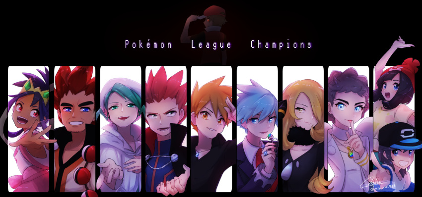 4girls 6+boys adeku_(pokemon) adjusting_clothes adjusting_hat aqua_eyes aqua_hair arm_up artist_name ascot bangs baseball_cap beret black_cape black_hair black_jacket black_shirt blonde_hair blue_eyes blue_hair blue_hat blue_shirt blush brown_hair cape carnet_(pokemon) closed_mouth collarbone creatures_(company) crown dark_skin dress english_text fingernails flat_chest floral_print from_behind from_side fur_trim game_freak glowing glowing_eyes grin hair_over_one_eye half-closed_eyes hand_up happy hat highres holding iris_(pokemon) jacket jewelry light_blush long_hair long_sleeves looking_at_viewer looking_back looking_to_the_side matching_hair/eyes mikuri_(pokemon) miu_(miuuu_721) mizuki_(pokemon) multiple_boys multiple_girls necklace nintendo ookido_green open_mouth orange_eyes orange_hair outside_border outstretched_arm pink_dress pointing poke_ball poke_ball_(generic) poke_ball_theme pokemon pokemon_(game) pokemon_bw pokemon_bw2 pokemon_dppt pokemon_frlg pokemon_hgss pokemon_oras pokemon_sm pokemon_xy purple_hair red_(pokemon) red_eyes red_hair red_hat red_neckwear red_vest ring shiny shiny_hair shirona_(pokemon) shirt short_hair short_sleeves signature smile striped striped_shirt teeth tsuwabuki_daigo twitter_username upper_body vest wataru_(pokemon) white_coat white_hat white_shirt yellow_eyes you_(pokemon)