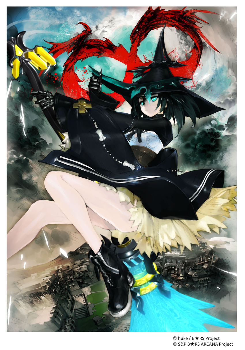 black_hair black_rock_shooter black_rock_shooter_arcana blue_eyes elder_caster hat highres long_hair official_art ouroboros scar solo taiki_(luster) twintails weapon witch_hat
