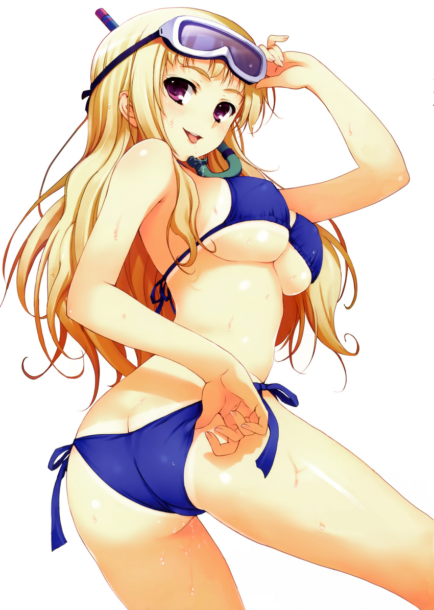 :p absurdres adjusting_clothes adjusting_swimsuit ass bikini bikini_tan blonde_hair blue_bikini breasts butt_crack copyright_request covered_nipples diving_mask from_behind highres large_breasts looking_back purple_eyes saliva side-tie_bikini sideboob simple_background snorkel solo swimsuit tan tanline tomose_shunsaku tongue tongue_out trefoil underboob wet wet_hair white_background