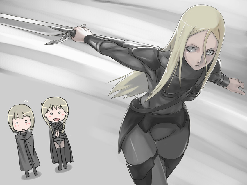 blonde_hair blush chibi clare_(claymore) claymore claymore_(sword) cynthia_(claymore) face long_hair multiple_girls silver_eyes sword tea_(nakenashi) weapon yuma