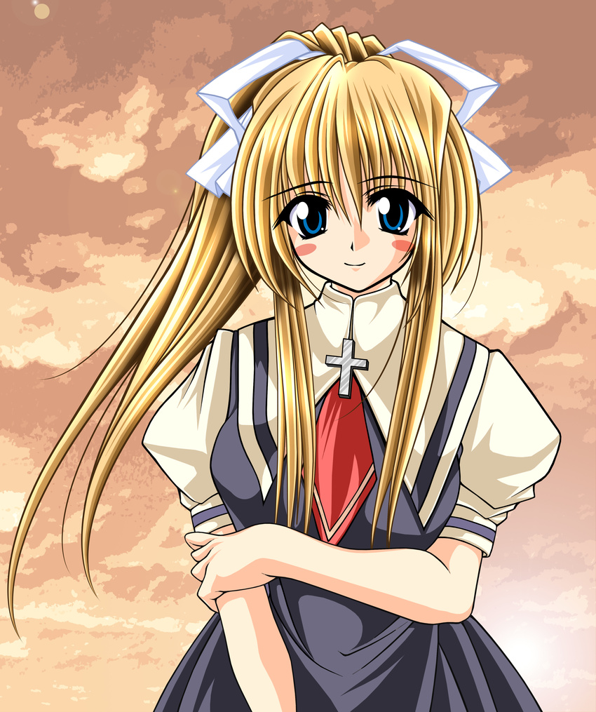 absurdres air blonde_hair blue_eyes blush cross highres kamio_misuzu long_hair necktie ponytail school_uniform solo tomoya_kankurou