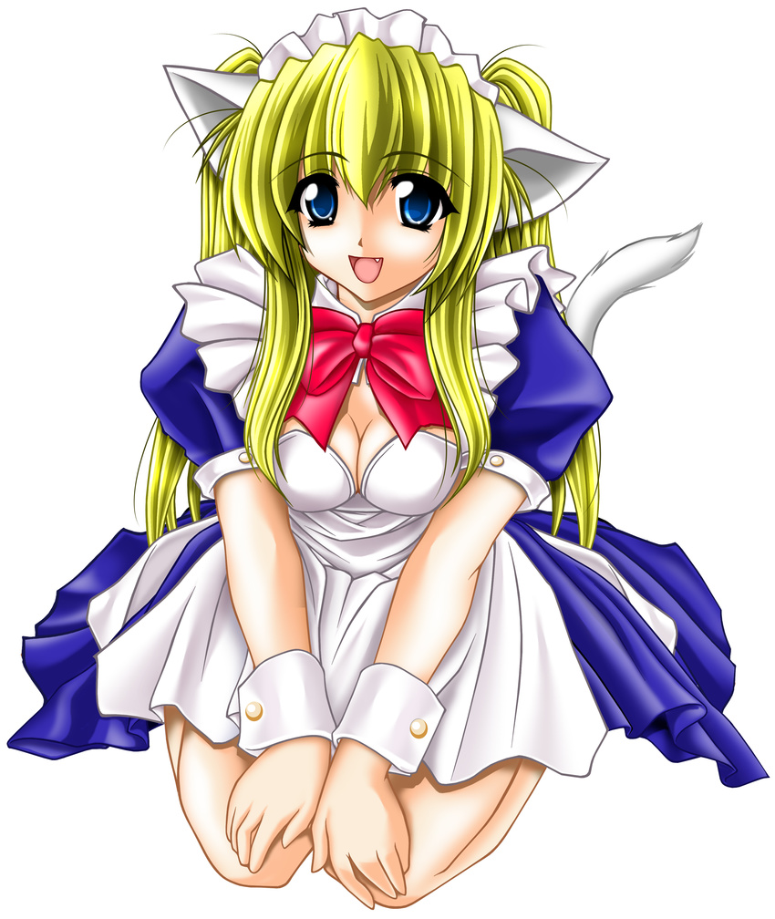 absurdres animal_ears blonde_hair blue_eyes bow breasts cat_ears cat_tail cleavage copyright_request eyebrows_visible_through_hair fang full_body hands_on_own_knees highres long_hair maid maid_headdress medium_breasts open_mouth short_sleeves simple_background solo tail tomoya_kankurou v_arms white_background