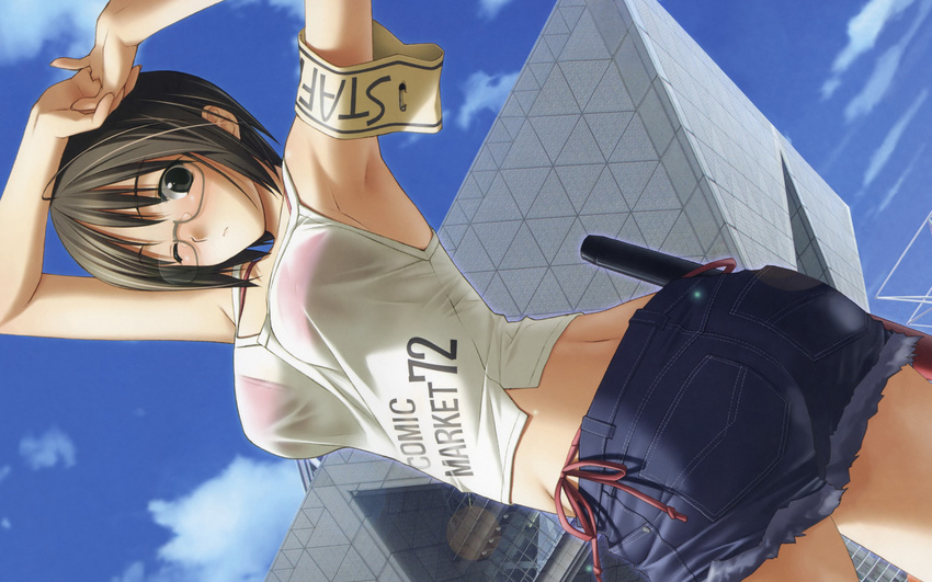 armband armpits arms_up bikini black_hair breasts brown_eyes brown_hair camisole cloud comiket comiket_72 copyright_request cowboy_shot day denim denim_shorts dutch_angle from_below glasses hashimoto_takashi highres large_breasts looking_down non-web_source see-through short_hair shorts side-tie_bikini sky solo stretch swimsuit tokyo_big_sight twisted_torso wallpaper yorihime_nao yosuga_no_sora