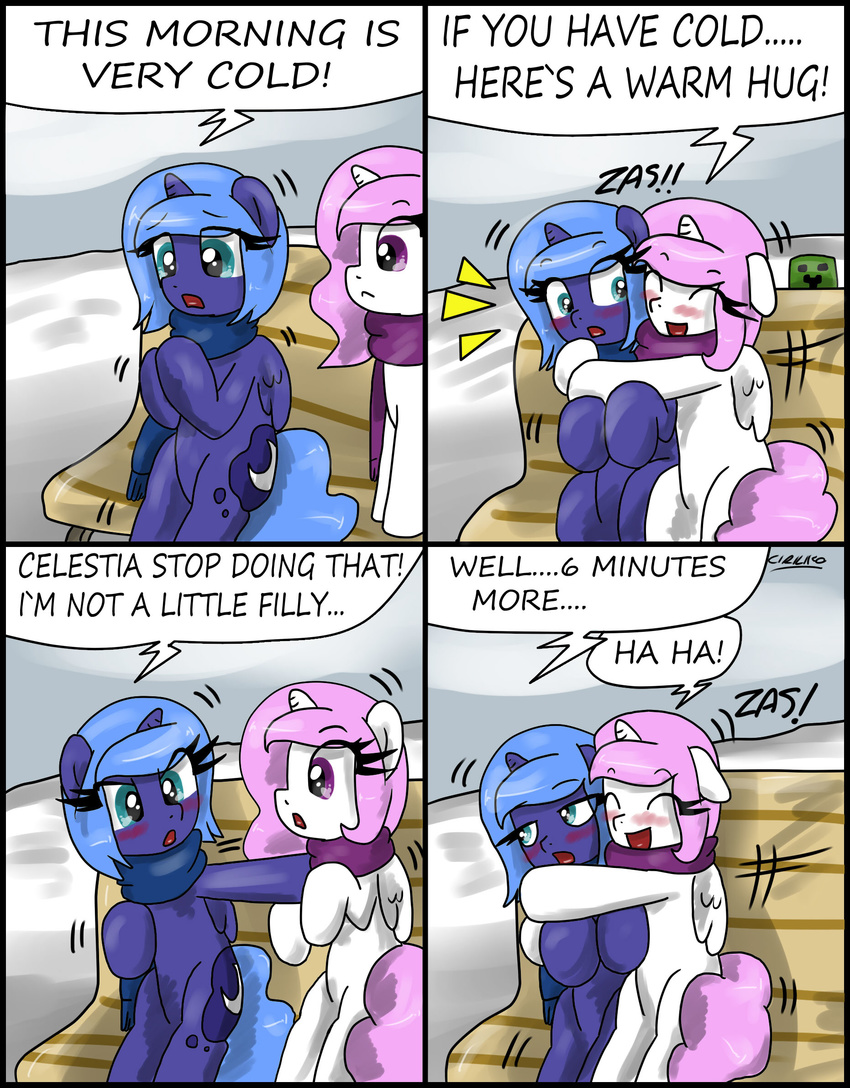 bench blue_eyes blush ciriliko cold comic couple creeper cub cutie_mark english_text equine female feral friendship_is_magic hair horn horse hug mammal minecraft my_little_pony outside pink_hair pony princess princess_celestia_(mlp) princess_luna_(mlp) purple_eyes royalty scarf sibling siblings sisters snow text video_games winged_unicorn wings young