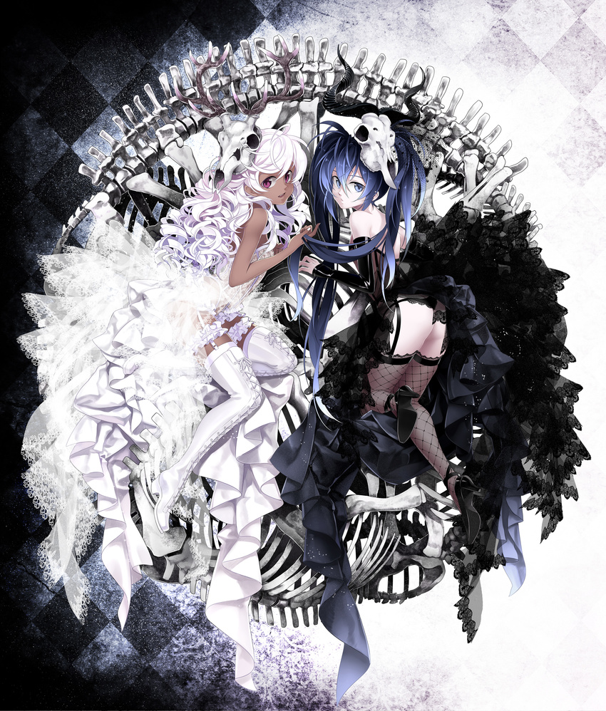 absurdres bare_shoulders black black_vs_white blue_eyes boots dark_skin fishnet_legwear fishnets high_heels highres lace multiple_girls open_mouth original osamu_(jagabata) pink_hair purple_eyes revision shoes skeleton thigh_boots thighhighs white