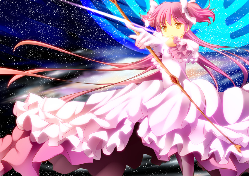 aiming alternate_costume arrow bad_id bad_pixiv_id bow_(weapon) error kaname_madoka long_hair mahou_shoujo_madoka_magica onaka_sukisuki orange_eyes pink_hair revision solo sparkle spoilers two_side_up ultimate_madoka weapon yellow_eyes