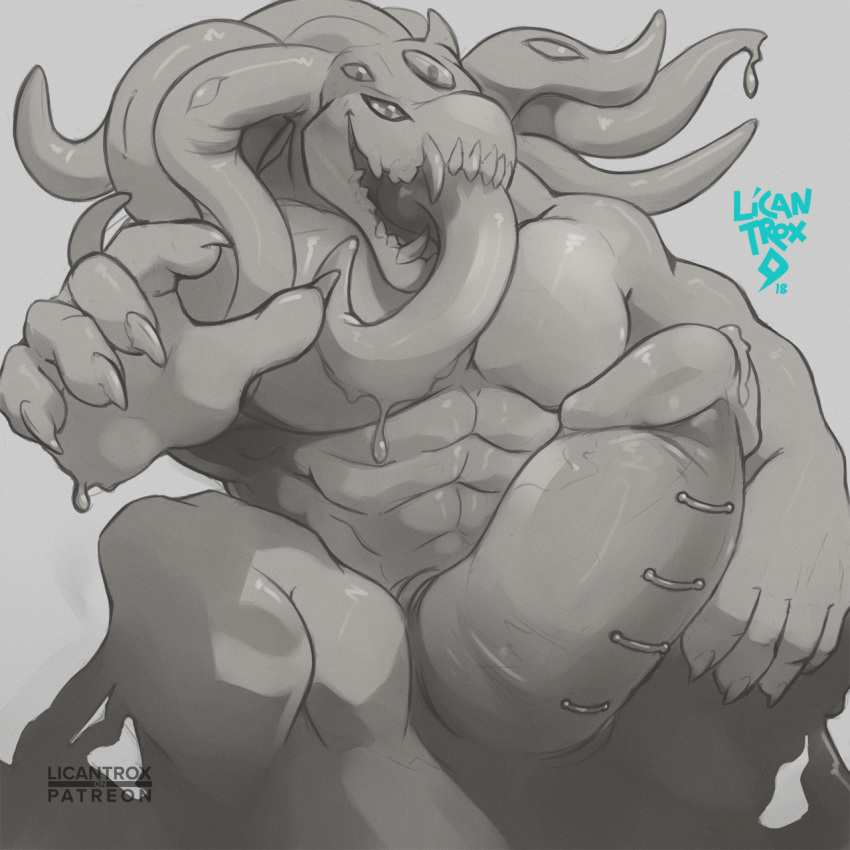 big_penis erection frenum_piercing genital_piercing goo_(disambiguation) greyscale huge_penis licantrox looking_at_viewer male monochrome monster muscular muscular_male nude penis penis_piercing piercing solo tentacles tongue tongue_out
