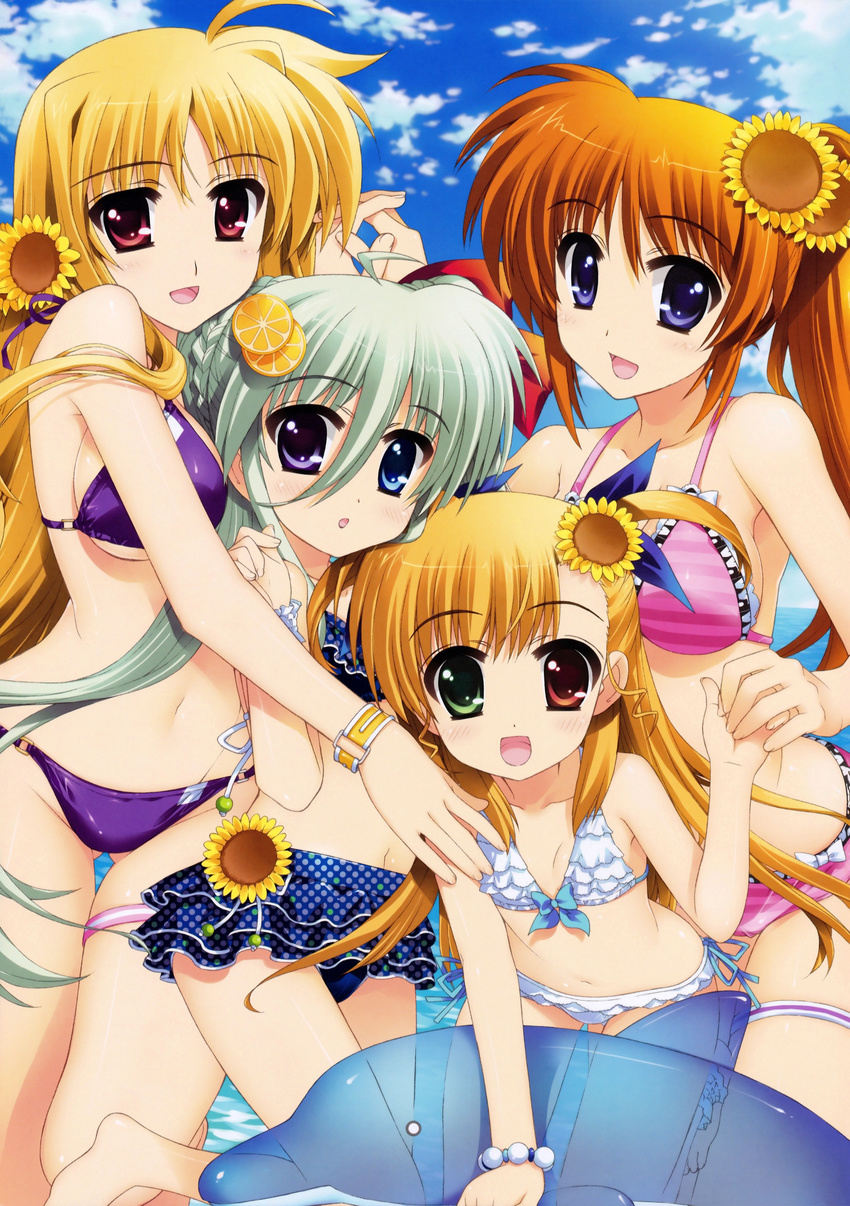 4girls absurdres bikini blonde_hair blue_eyes einhart_stratos family fate_testarossa flat_chest fujima_takuya heterochromia highres lyrical_nanoha mahou_shoujo_lyrical_nanoha mahou_shoujo_lyrical_nanoha_strikers mahou_shoujo_lyrical_nanoha_vivid multiple_girls striped striped_bikini striped_swimsuit swimsuit takamachi_nanoha vivio