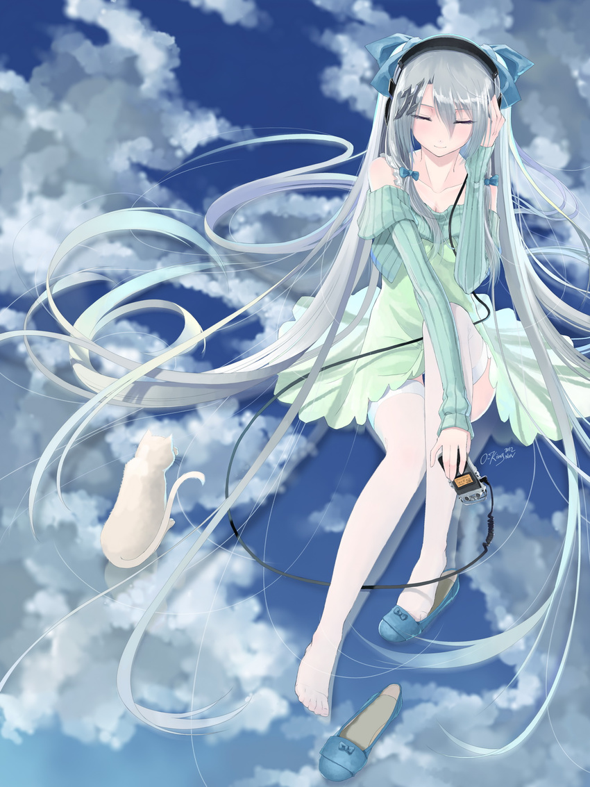 bow closed_eyes cloud feet hair_bow headphones highres okingjo original reflection shoe_dangle shoes silver_hair single_shoe sky solo thighhighs water
